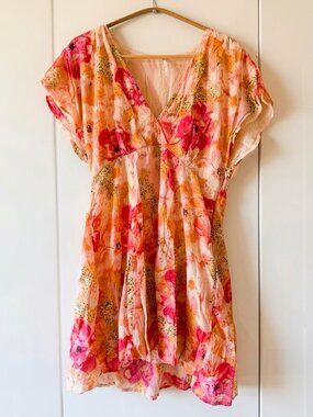 Free People Floral Gauze Mini Dress XS Pink Orange V-Neck Empire Waist